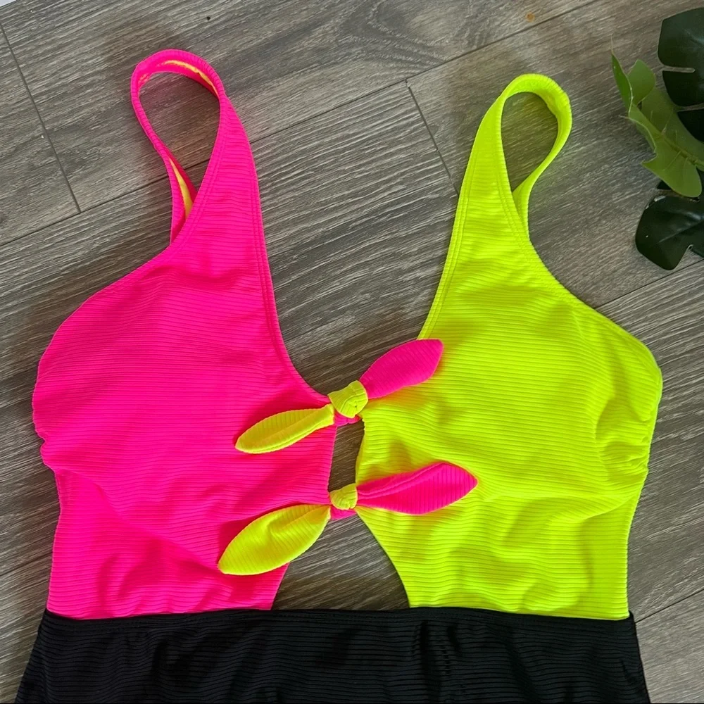 No boundaries Highlighter Neon Yellow Pink Black Tie Front One Piece Swimsuit L